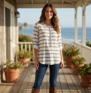 LOFT Softened Striped Henley Shirt Size L White Navy Blue Stripe Cotton VG